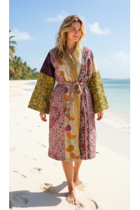 Indian Sari Kantha Robe Long Kimono Dressing Gown Beach Cover # 1