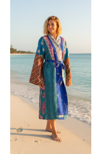 Indian Sari Kantha Robe Long Kimono Dressing Gown Beach Cover # 2
