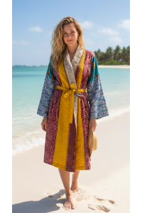 Indian Sari Kantha Robe Long Kimono Dressing Gown Beach Cover # 3