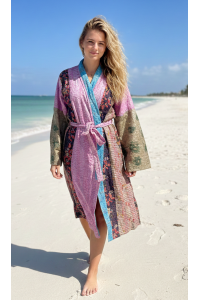 Indian Sari Kantha Robe Long Kimono Dressing Gown Beach Cover # 4