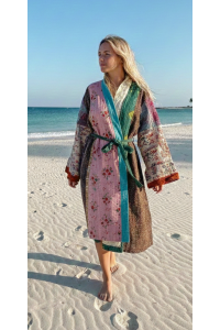 Indian Sari Kantha Robe Long Kimono Dressing Gown Beach Cover # 5