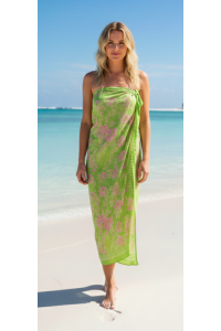 Sarong Beach Coverup Batik from Bali Large Size Pale Green & Pink Flowers