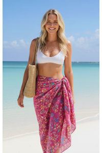 Sarong Beach Coverup Bali Batik Large Size Pink Multicoloured Flowers
