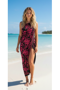 Sarong Beach Coverup Batik from Bali Large Size Dark Pink & Black Flowers