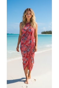 Sarong Beach Coverup Batik from Bali Large Size Pink Red Orange Flowers