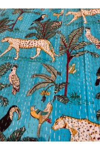 Kingsize Indian Cotton Kantha Quilt / Bedspread / Throw / Bed Cover - Contemporary Blue African Animals Design - Fair Trade