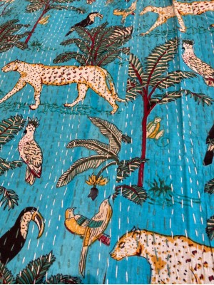 Kingsize Indian Cotton Kantha Quilt / Bedspread / Throw / Bed Cover - Contemporary Blue African Animals Design - Fair Trade