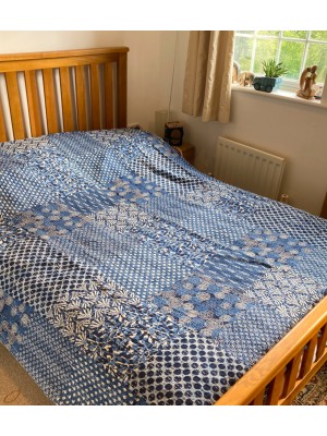 Kingsize Indian Cotton Kantha Quilt / Bedspread / Throw/ Bed Cover - Contemporary Indigo Patchwork Quilt Design - Fair Trade