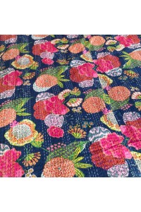 Kingsize Indian Cotton Kantha Quilt / Bedspread / Throw / Bed Cover - Contemporary Blue Tropical Flower Design - Fair Trade
