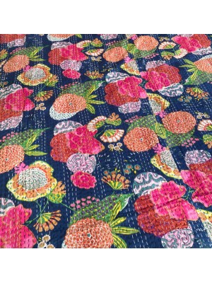 Kingsize Indian Cotton Kantha Quilt / Bedspread / Throw / Bed Cover - Contemporary Blue Tropical Flower Design - Fair Trade