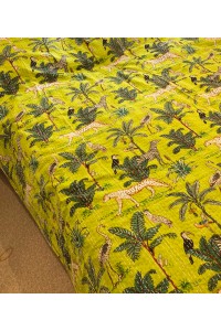 Kingsize Indian Cotton Kantha Quilt / Bedspread / Throw / Bed Cover - Contemporary Lime Green African Animals Design - Fair Trade