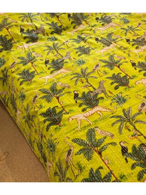 Kingsize Indian Cotton Kantha Quilt / Bedspread / Throw / Bed Cover - Contemporary Lime Green African Animals Design - Fair Trade