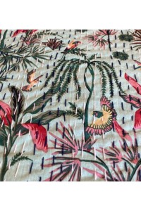 Kingsize Indian Cotton Kantha Quilt / Bedspread / Throw / Bed Cover - Contemporary Green Tropical Bird Design - Fair Trade