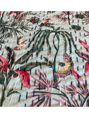 Kingsize Indian Cotton Kantha Quilt / Bedspread / Throw / Bed Cover - Contemporary Green Tropical Bird Design - Fair Trade