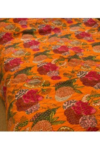Kingsize Indian Cotton Kantha Quilt / Bedspread / Throw / Bed Cover - Contemporary Orange Tropical Flower Design - Fair Trade