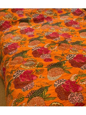 Kingsize Indian Cotton Kantha Quilt / Bedspread / Throw / Bed Cover - Contemporary Orange Tropical Flower Design - Fair Trade