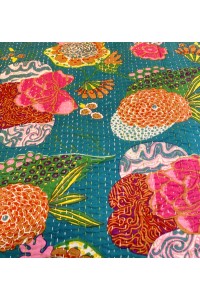Kingsize Indian Cotton Kantha Quilt / Bedspread / Throw/ Bed Cover - Contemporary Turquoise Tropical Flowers Design - Fair Trade
