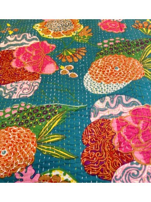Kingsize Indian Cotton Kantha Quilt / Bedspread / Throw/ Bed Cover - Contemporary Turquoise Tropical Flowers Design - Fair Trade