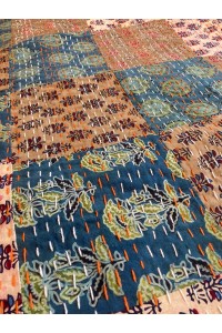 Kingsize Indian Cotton Kantha Quilt / Bedspread / Throw/ Bed Cover - Contemporary Muted Turquoise Patchwork Quilt Design - Fair Trade