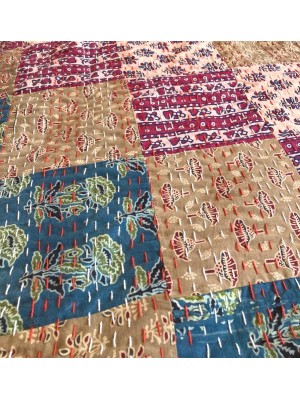 Kingsize Indian Cotton Kantha Quilt / Bedspread / Throw/ Bed Cover - Contemporary Muted Bergundy Patchwork Quilt Design - Fair Trade