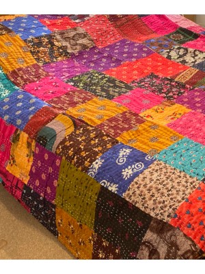 Kingsize Indian Cotton Kantha Quilt / Bedspread / Throw/ Bed Cover - Contemporary Vibrant Rainbow Patchwork Quilt Design - Fair Trade