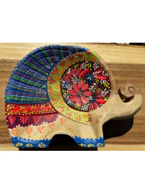 Handcrafted Hand Painted Wooden Elephant Dish - Blue & Gold