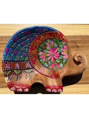 Handcrafted Hand Painted Wooden Elephant Dish - Pink & Blue