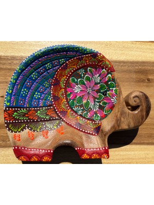 Handcrafted Hand Painted Wooden Elephant Dish - Red & Blue
