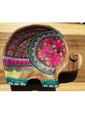Handcrafted Hand Painted Wooden Elephant Dish - Brown & Green