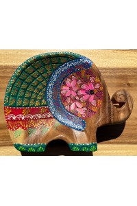 Handcrafted Hand Painted Wooden Elephant Dish - Green