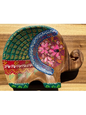 Handcrafted Hand Painted Wooden Elephant Dish - Green