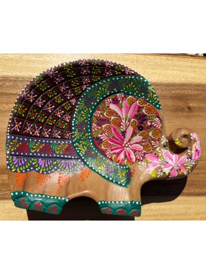 Handcrafted Hand Painted Wooden Elephant Dish - Pink & Green