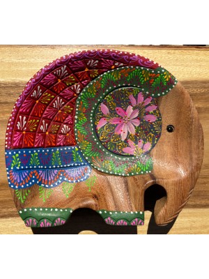 Handcrafted Hand Painted Wooden Elephant Dish - Maroon & Green