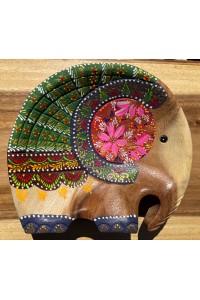 Handcrafted Hand Painted Wooden Elephant Dish - Green & Blue