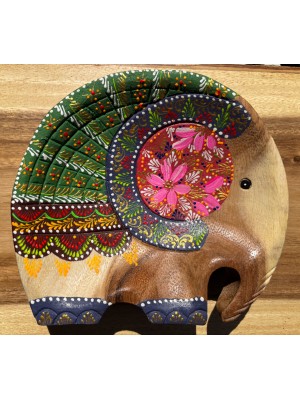 Handcrafted Hand Painted Wooden Elephant Dish - Green & Blue