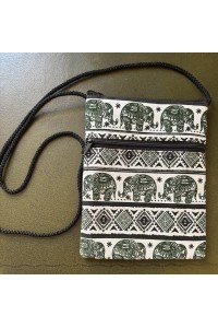 Padded Crossbody Passport / Phone Bag - Traditional Baby Elephant Print from Laos - Army Green