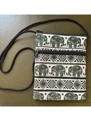 Padded Crossbody Passport / Phone Bag - Traditional Baby Elephant Print from Laos - Army Green