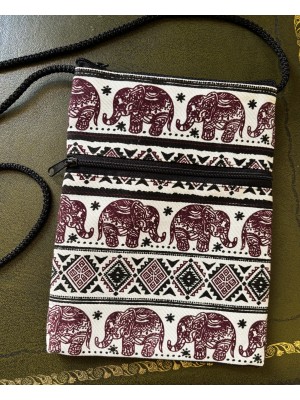 Padded Crossbody Passport / Phone Bag - Traditional Baby Elephant Print from Laos - Maroon