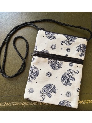 Padded Crossbody Passport / Phone Bag - Traditional Baby Elephant Print from Thailand
