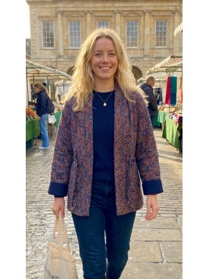 Kantha Jacket - Cotton Quilted Summer Weight Blue Classic Geometric Design Reversible Indian Kantha Jacket - Fair Trade - Available in sizes 8 - 18