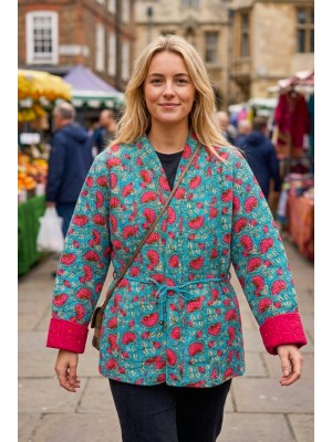 Kantha Jacket - Cotton Quilted Summer Weight Pink & Blue Flowers Reversible Indian Kantha Jacket - Fair Trade - Available in sizes 8 -18