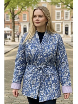 Kantha Jacket - Cotton Quilted Summer Weight Blue & White Flowers Reversible Indian Kantha Jacket - Fair Trade - Available in sizes 8 - 18