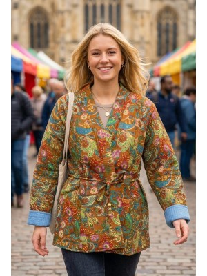 Kantha Jacket - Cotton Quilted Summer Weight Brown Geometric Flowers Reversible Indian Kantha Jacket - Fair Trade - Available in sizes 8 -18