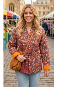 Kantha Jacket - Cotton Quilted Summer Weight Orange, Yellow & Pink Flowers Reversible Indian Kantha Jacket - Fair Trade - Available in sizes 8 -18