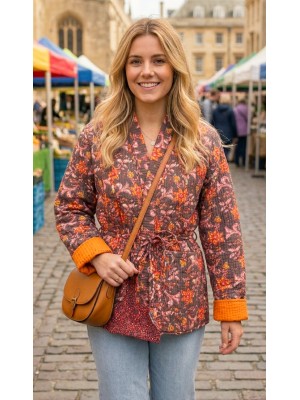 Kantha Jacket - Cotton Quilted Summer Weight Orange, Yellow & Pink Flowers Reversible Indian Kantha Jacket - Fair Trade - Available in sizes 8 -18