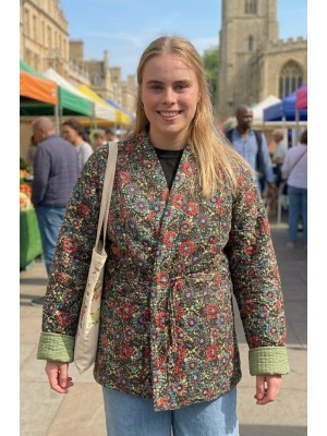 Kantha Jacket - Cotton Quilted Summer Weight Green Geometric Flowers Reversible Indian Kantha Jacket - Fair Trade - Available in sizes 8 -18