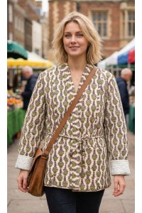 Kantha Jacket - Cotton Quilted Summer Weight Green & White Flowers Reversible Indian Kantha Jacket - Fair Trade - Available in sizes 8 -18