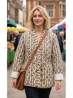 Kantha Jacket - Cotton Quilted Summer Weight Green & White Flowers Reversible Indian Kantha Jacket - Fair Trade - Available in sizes 8 -18