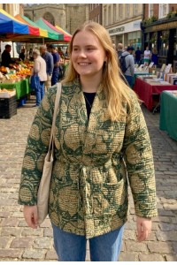 Kantha Jacket - Cotton Quilted Spring / Autumn Weight Green & White Paisley Design Reversible Indian Kantha Jacket - Fair Trade - Available in sizes 8 - 18