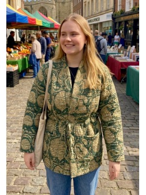 Kantha Jacket - Cotton Quilted Spring / Autumn Weight Green & White Paisley Design Reversible Indian Kantha Jacket - Fair Trade - Available in sizes 8 - 18